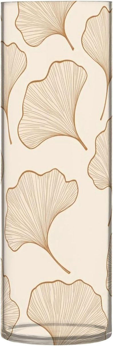 Decoratieve Cilinder Vaas met Ginkgo Blad Motief in Beige, Hoogte: 30 cm