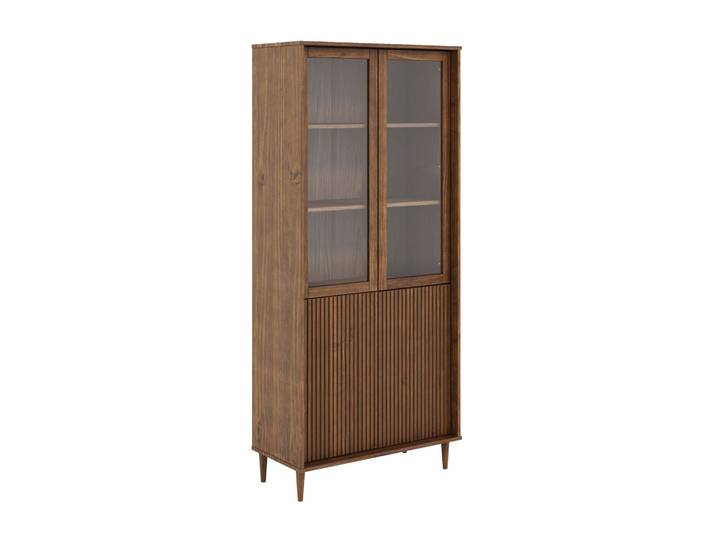 Vitrine GOODPRODUCT Malmedy Front mit gefrästen Rillen , braun, B:80cm H:180cm T:38cm, MDF, Massivholz, Schränke, Vitrine, aus massivem Kiefernholz, Push-to-open, FSC, Breite 80 cm, Höhe 180 cm