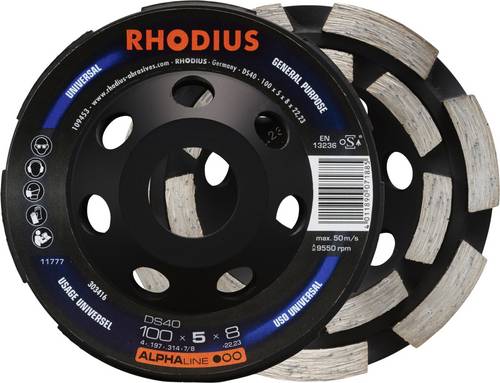 Rhodius 303416 DS40, Diamantschleiftopf 100 x 5,0 x 8,0 x 22,23 mm, Diamantschleiftopf, ALPHAline, für Beton DS40 1St.