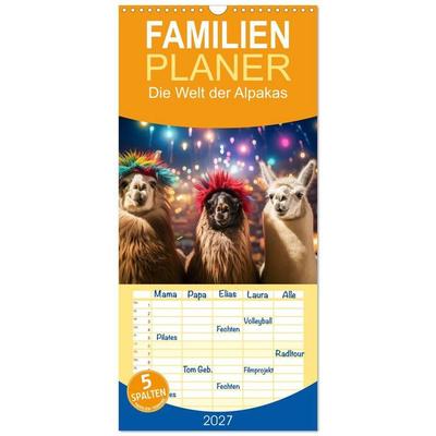 Familienplaner 2027 - Die Welt der Alpakas mit 5 Spalten (Wandkalender, 21 x 45 cm) CALVENDO