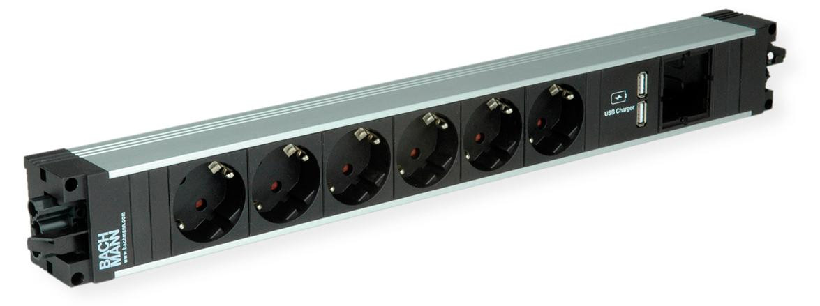 Bachmann STEP ALU stopcontactdoos met 6 stopcontacten, 1 USB-oplaadpoort en 1 ABD-stopcontact