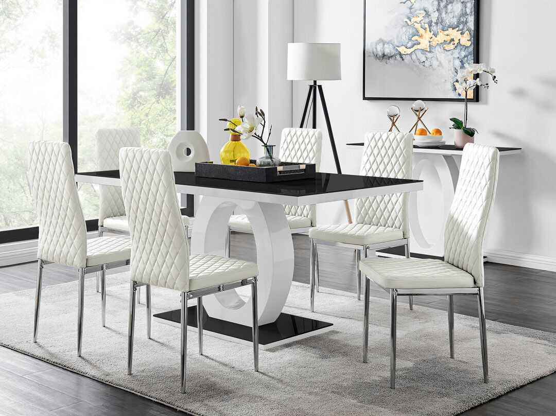 Mercury Carennac Modern High Gloss & Glass Dining Table with 6 Luxury Faux Leather Chairs White/Silver 6