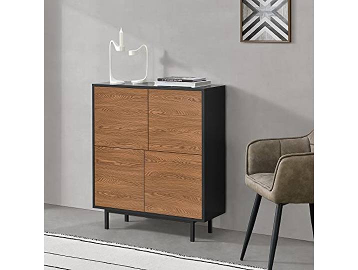 [en.casa] Beistellschrank Gnosjö 80x30x93cm Kommode mit 4 Schranktüren Wohnzimmerschrank Metallgestell Schwarz/Dunkler Holzton