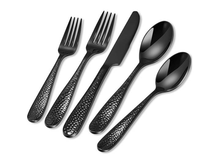 Besteck Set 30-teilig Schwarz Gehämmert, Metall, Besteck, Besteck-Sets