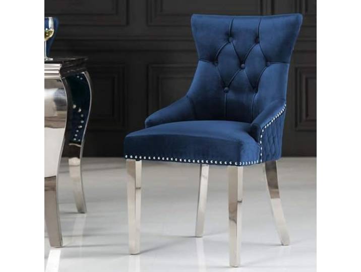LEBENSwohnART Edler Stuhl Leon Samt blau Löwenkopf Chesterfield Edelstahlbeine Esszimmerstuhl Barock