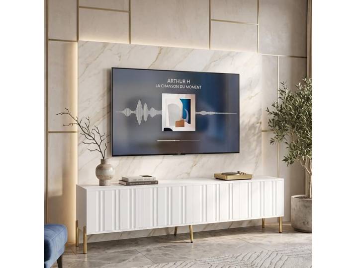 Meuble TV 190 cm grand rangement pour salon chic Design soigné avec portes rainurées Buffet bas élégant blanc