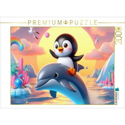 CALVENDO Puzzle Ein Delphin als Fortbewegungsmittel für einen kleinen Pinguin | 2000 Teile Lege-Größe 90x67cm Foto-Puzzle für glückliche Stunden