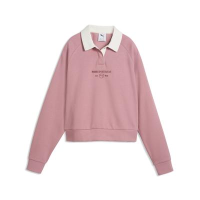 Kapuzensweatshirt PUMA "CLASS RELAXED LONGSLEEVE POLO FL", Damen, Gr. XXL, dusky rosewood, Sweatshirts, mit Kapuze, normaler Kragen, mit Ärmellänge lang