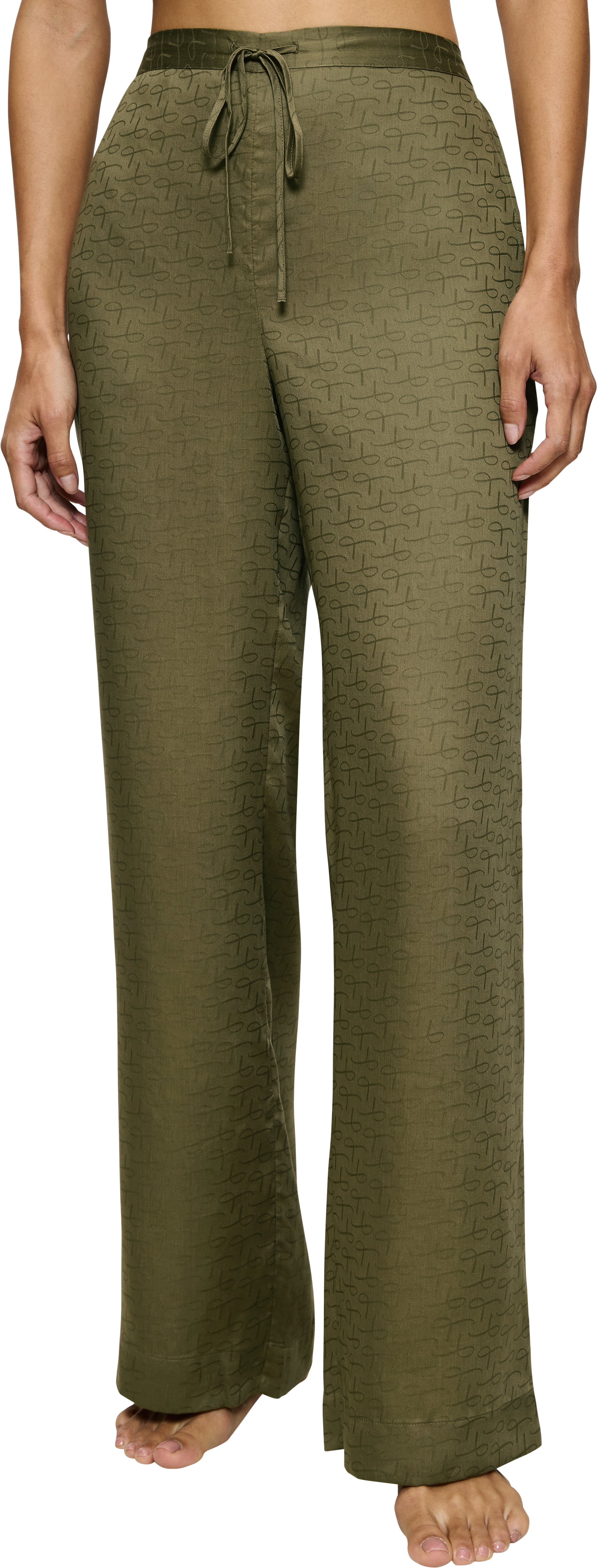 Homewearhose TRIUMPH "Silky Sensuality Trousers", Damen, Gr. 44, N-Gr, grün (martini olive), Satin, 100% Lyocell, unifarben, bequem knöchellang, Hosen Homewearhose, mit Monogram-Jaquard