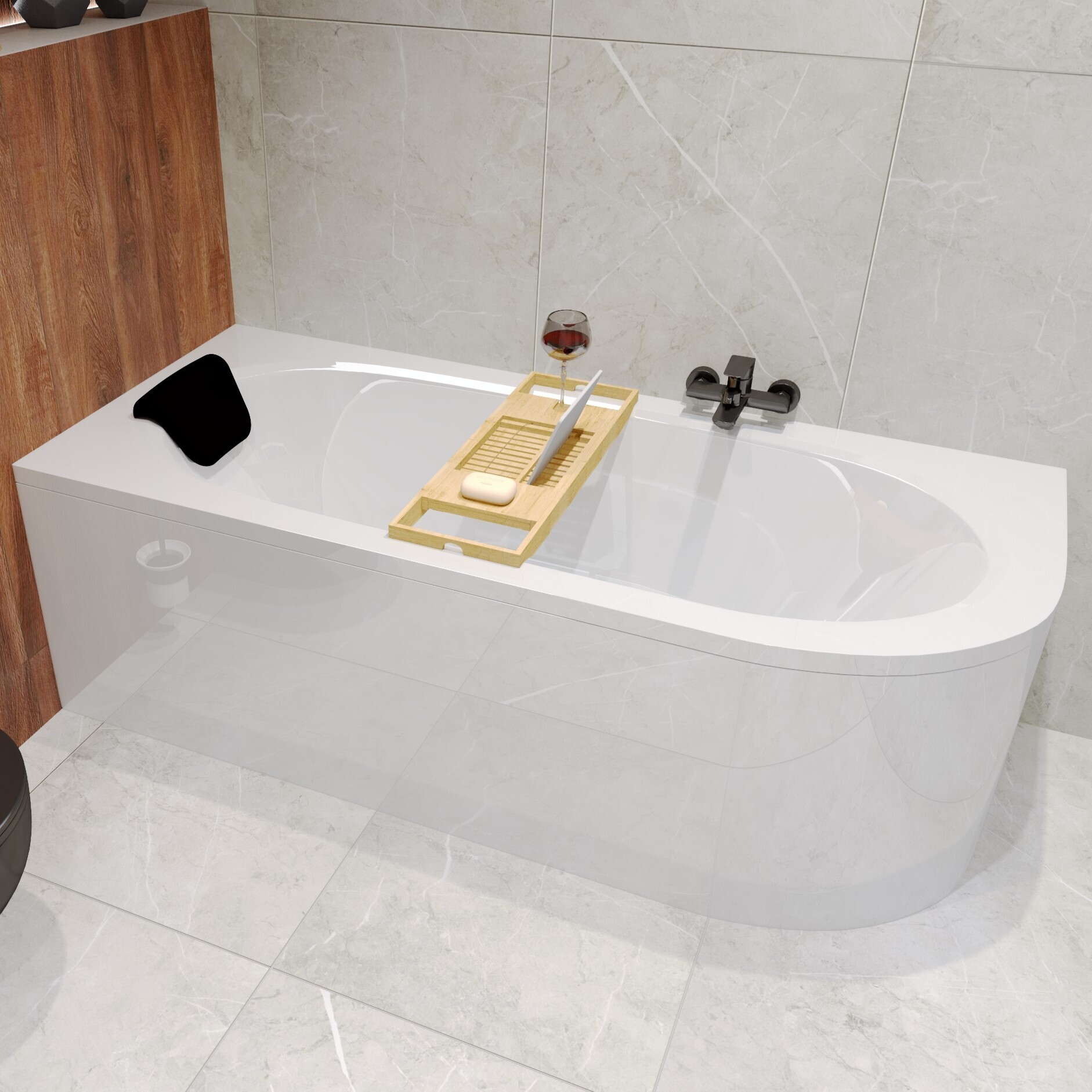 Badewanne Eckwanne Set 5in1 170x75 Links + Ablaufgarnitur und Füßen GRATIS + AcrylSchürze + Bambus Holzablage + Kopfstütze in Schwarz | BADLAND AVITA