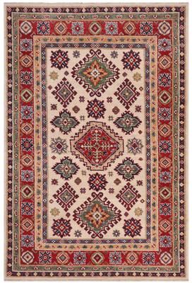 Treasured Knots Bohemian Kazak Timothy Beige/Red Wool Rug - 4'0'' x 6'0''