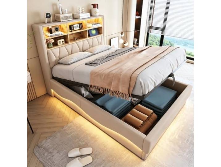 Ball & Cast Doppelbett 140x200 mit Stauraum und Beleuchtung, Beige Polsterbett mit Leinen Kopfteil Stauraum, APP-gesteuertem Lichtband und USB-Ladeanschluss.Ohne Matratze
