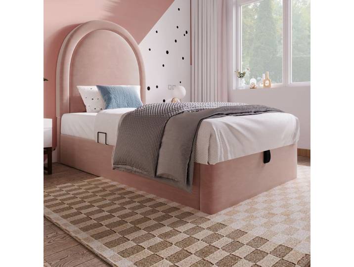 Lit simple 90 x 200 cm en velours rose avec rangement 91 x 206 x 120 cm