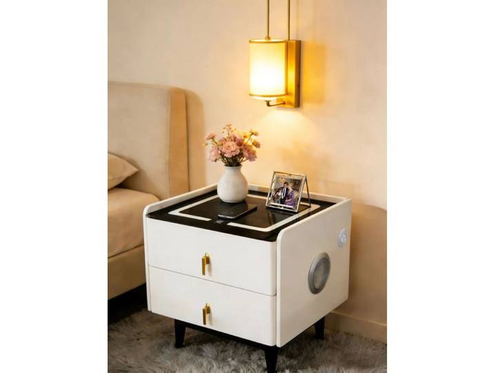 Meuble de chevet - Enceintes Bluetooth Charge Sans Fil/Câblée LED réglable Verre Trempé 35x40x45cm
