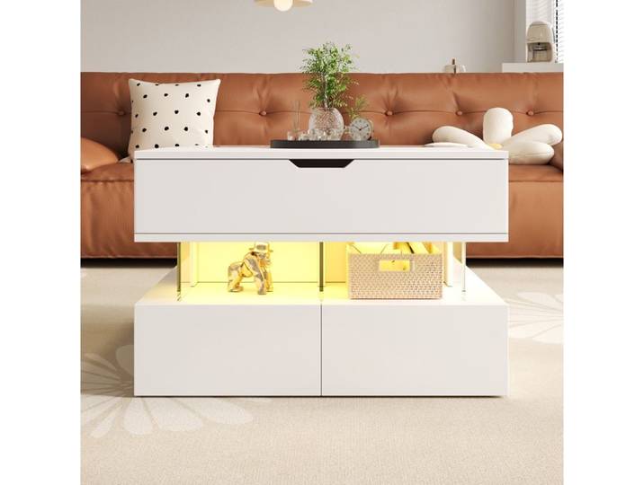 Table basse relevable AESVAR avec LED 16 couleurs plateau en verre et rangements blanc