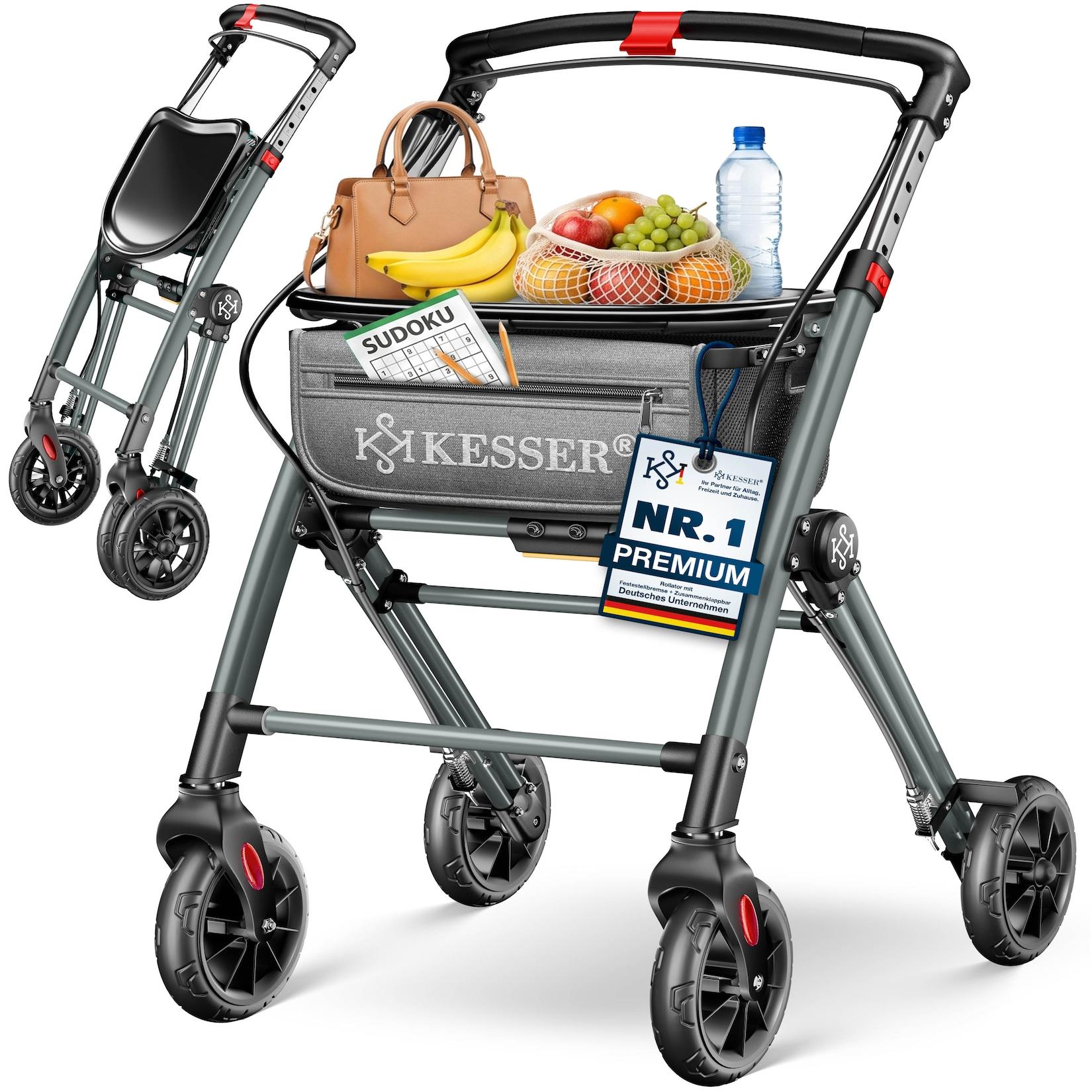 KESSER® Rollator, leicht klappbar, schmal für Wohnung aus Aluminium, 100kg mit höhenverstellbaren Griffen, Einhand-Faltmechanismus, 360° Rädern, Feststellbremse, abnehmbarem Tablett & Netzkorb, Indoor