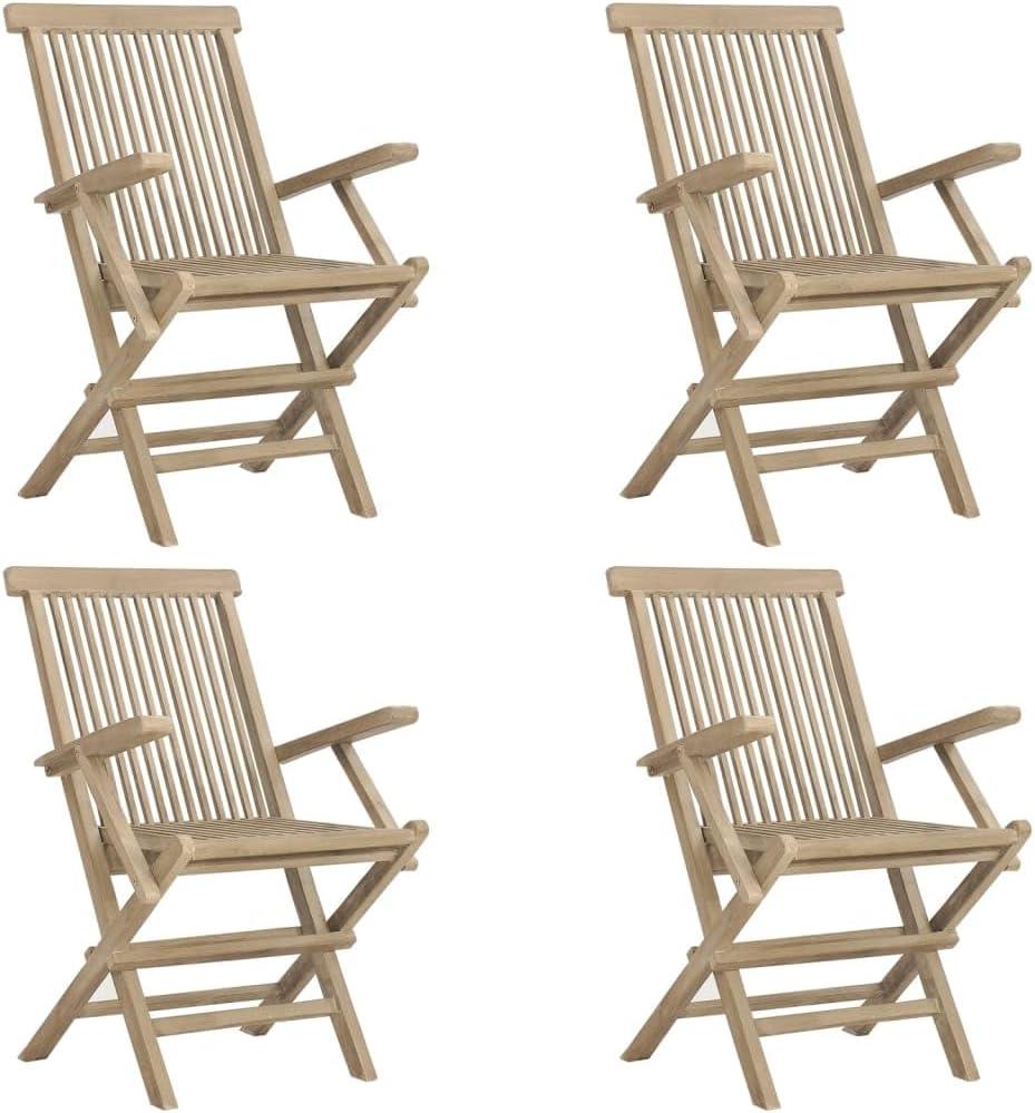 4 klappbare Gartenstühle aus massivem Teakholz in Grau, 56x61x89 cm, mit Lattenrost-Design und Armlehnen für bequemes Sitzen im Freien