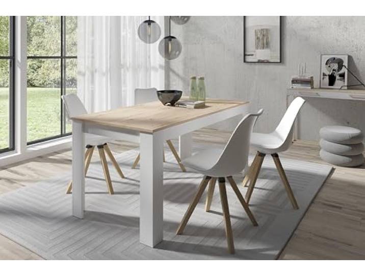byLIVING Essgruppe KIRA + NORI, Tisch 160 cm, Artisan Eiche, Weiß Esszimmerstuhl Kunstleder weiß, Metallgestell Eiche-Optik, Esstisch, Küchentisch