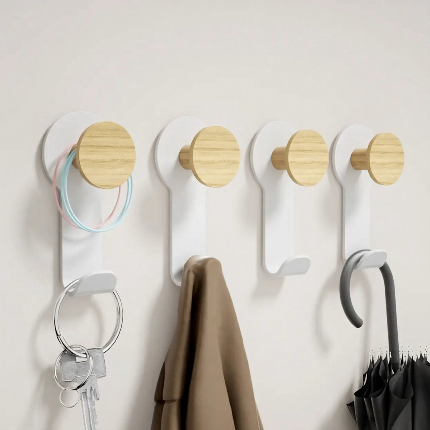 ZOQENX Set van 8 Wandhaakjes met Houten Knop voor Jassen, Sleutels en Accessoires