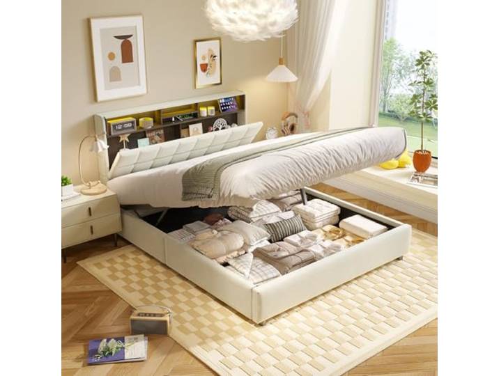 Bett 140x200 mit Coole LED und USB C, Polsterbett Samt Hydraulisches Stauraumbett mit Staubschutzmatte und Multifunktional Kopfteil,Doppelbett mit Lattenrost 140x200 aus Holz,Metallrahmen(Beige-500KG)