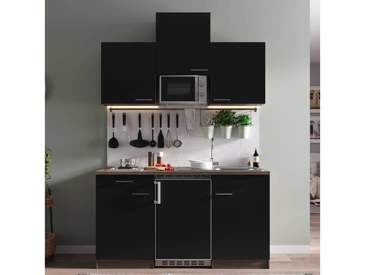 Single-Küchenzeile Oliver II 150cm Schwarz/Schwarz/Eiche Dunkel Dekor Kochplatte