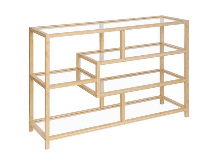 Xora Regal, Naturfarben, Holz, Glas, Naturmaterialien, Bambus, 5 Fächer, 114x79x34 cm, Holzmöbel, Holzregale, Bücherregale Holz