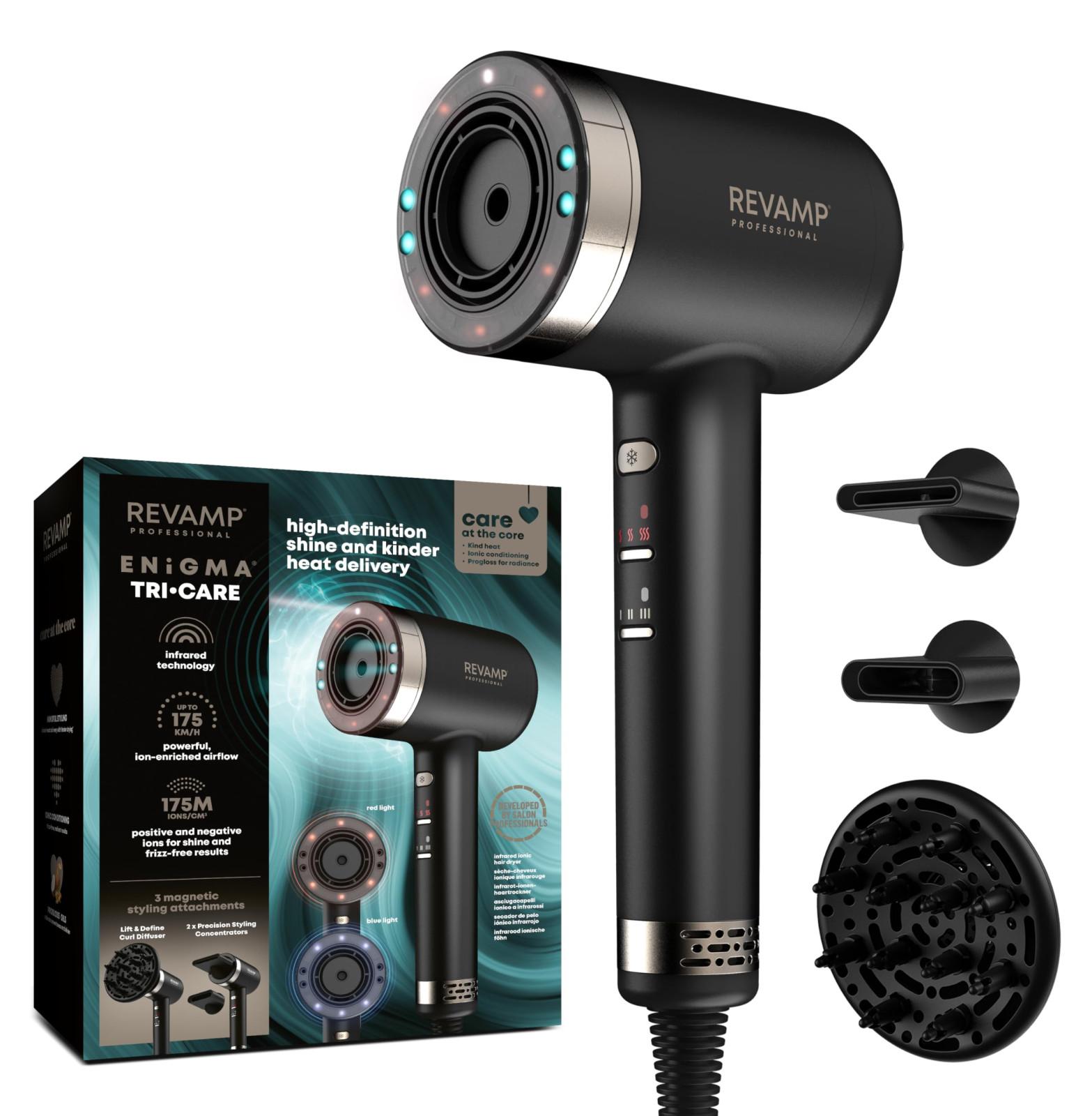 REVAMP Professioneller Haartrockner DR-7250-EU Tri-Care mit Ionen- und Infrarottechnologie sowie rotem/blauem Licht, 3 magnetischen Aufsätzen, 1600 W