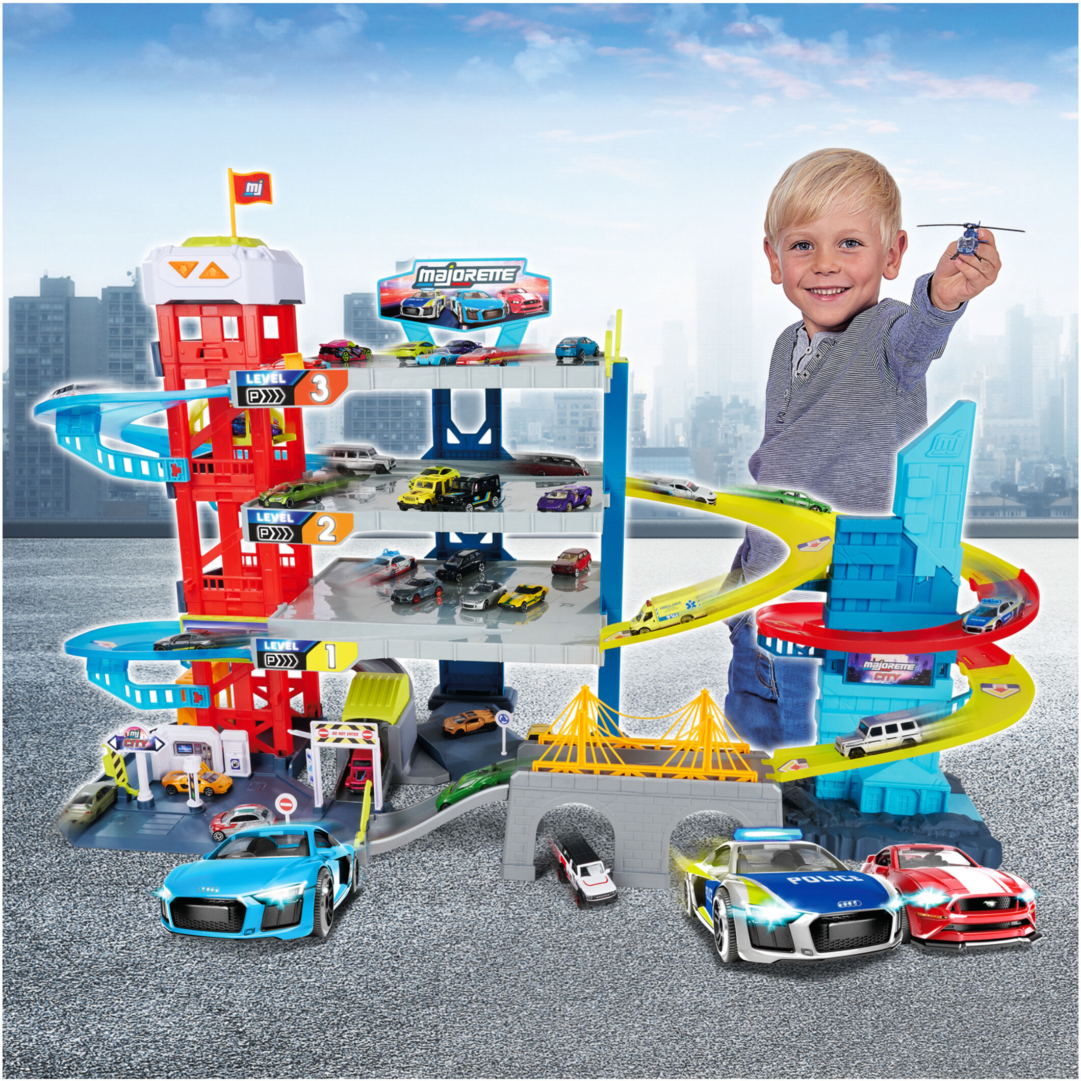 MAJORETTE Double Track Garage, inkl. 4 Fahrzeuge
