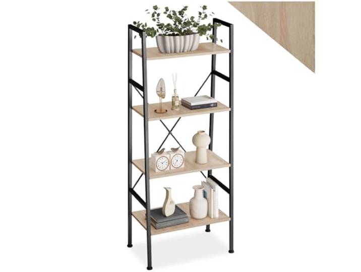 tectake® Industrial Leiterregal mit 4 Ebenen, Regal schmal 57,5 x 35,5 x 139cm, Bücherregal Wand, als Raumteiler Regal, Küchenregal Wand, Nischenregal - Industrial Holz hell, Eiche Sonoma