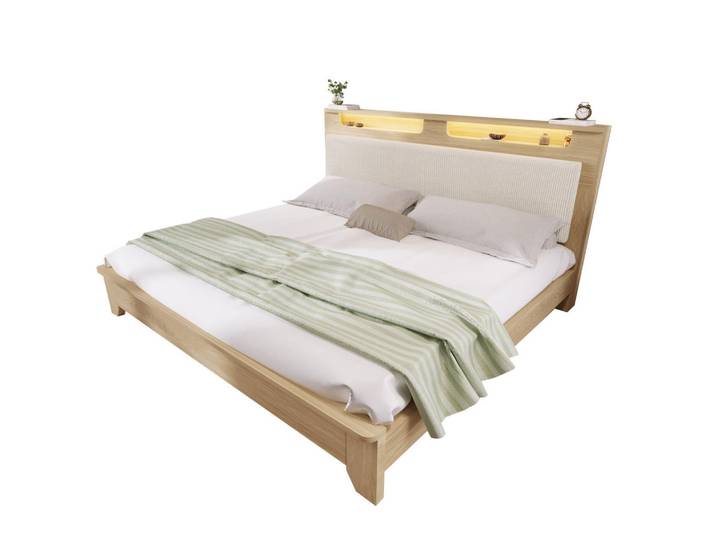 Okwish Doppelbett 160/200 cm Beige Cordpolster mit Stauraum und LED-Beleuchtung aus Eiche, 160x200 cm, Schlafzimmer, Betten