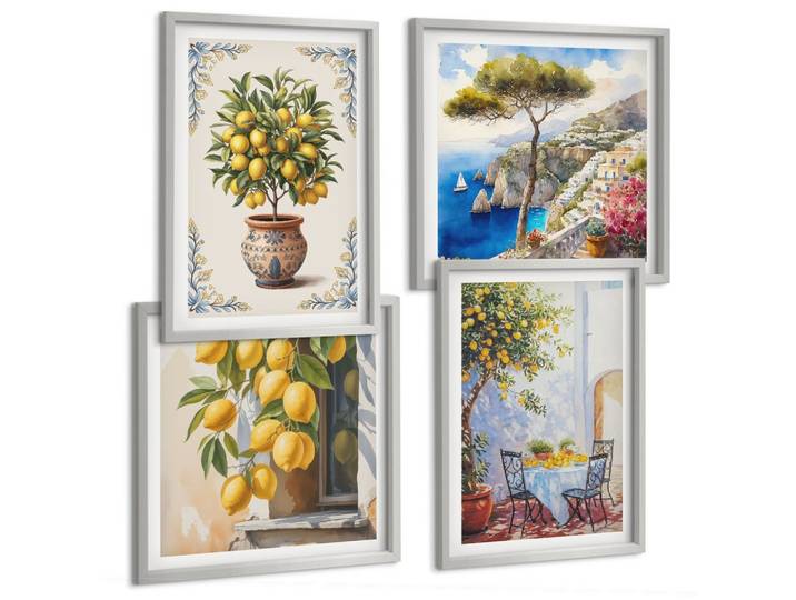 BILDER SET 4er Set - 50x50 cm & 40x60 cm Silberner Rahmen - Zitronenbäume in der Sonne