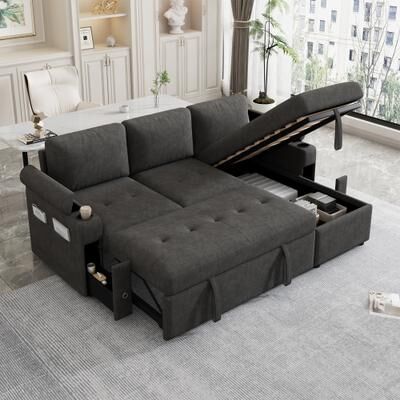 Loedds 83.5-inch 3-Seat Reversible L-Shaped Modern Chenille Sleeper Sectional Sofa with USB Charging and Cup Holders, Black