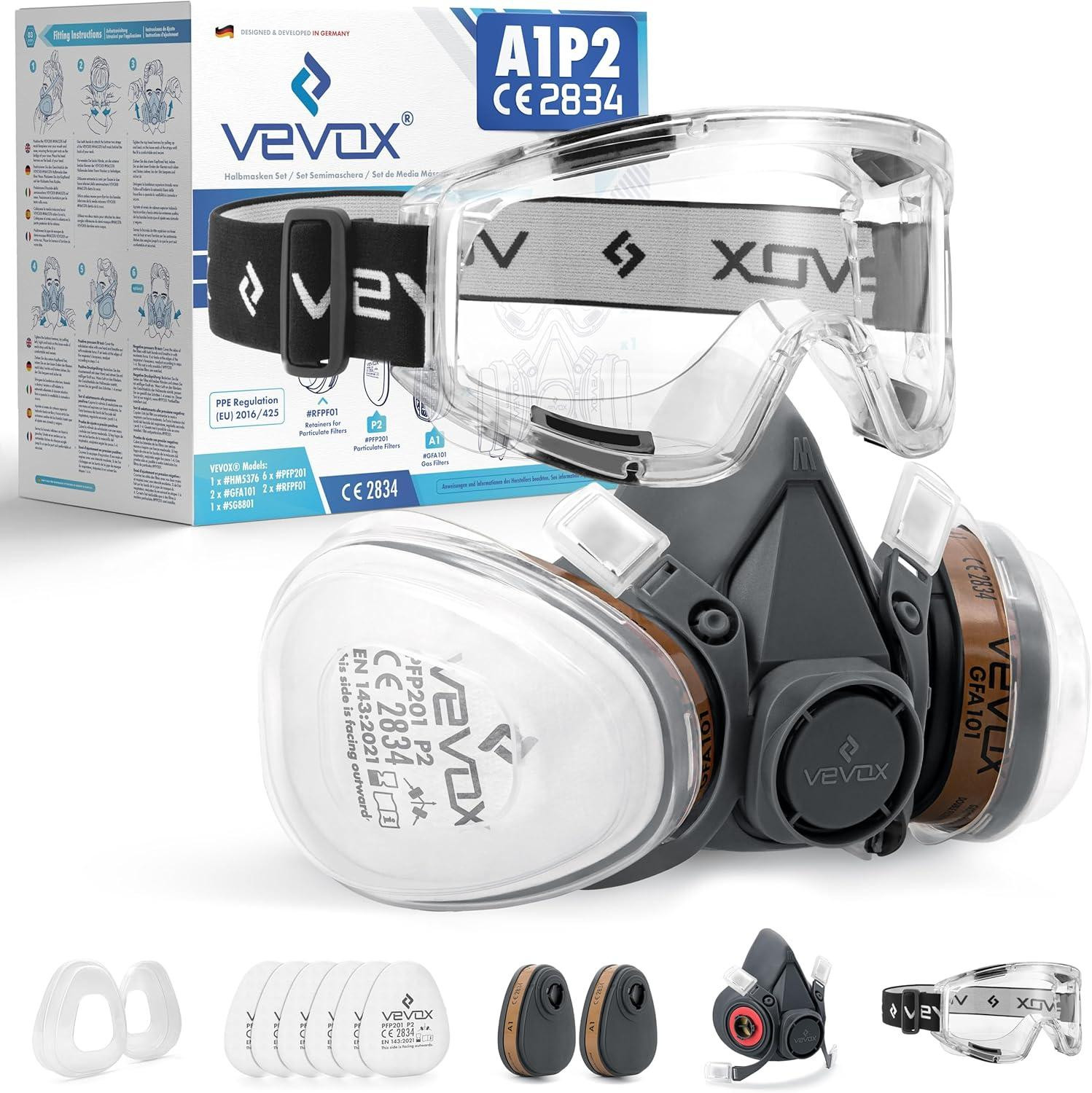 Gasmasker met A1P2 filter, 6 P2 filters en 2 A1 gasfilters voor klussen