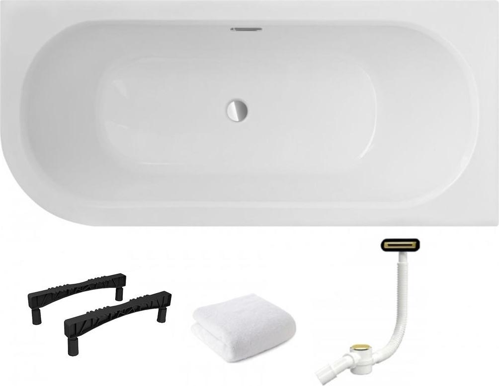Aqua For You | Badewanne - Besco Avita Slim -160 x 75 cm - Rechts - Acryl - Gold Automatik Siphon - Antibakterielle Beschichtung - Kratzfest - Weiß