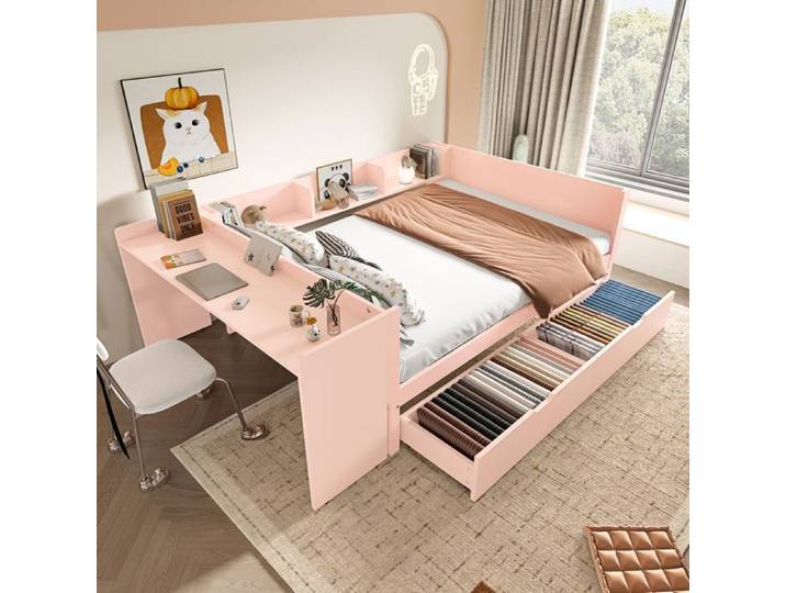 Lit plat lit en bois 140x200cm avec bureau équipé de 2 tiroirs lit double (sans matelas) avec étagères pin + panneau de parti