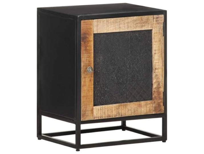 KUTYWEXFM Nachttisch Raues Mangoholz Beistelltisch 40x30x50 cm Handgeschnitzte Tür aus Massivholz bringt rustikalen Charme ins Schlafzimmer und bietet Platz für wichtige Dinge.
