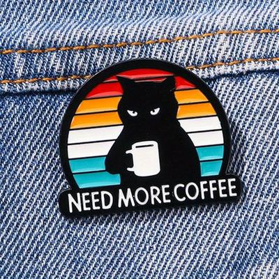 Grumpy Black Cat "Need More Coffee" Enamel Brooch, Humorous Coffee Lover's Pin Badge Grumpy Black Cat "Need More Coffee" Enamel Brooch, Humorous Coffee Lover's Pin Badge