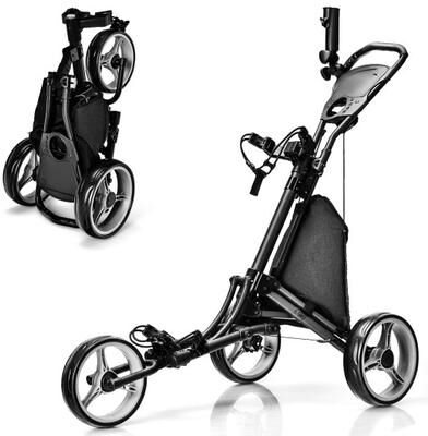 Costway Folding 3 Wheels Golf Push Cart with Bag Scoreboard Adjustable Handle-Gray