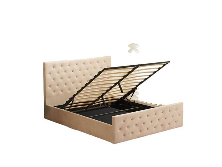 Lit coffre capitonné velours beige 160x200 cm sommier inclus VICTORIA