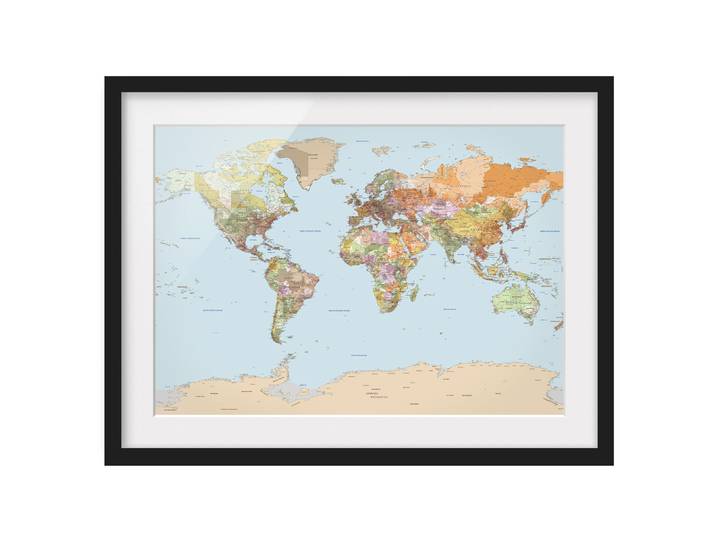 home24 Afbeelding Politieke Wereldkaart I deels massief grenenhout, mat gelakt meerdere kleuren 40 x 30cm
