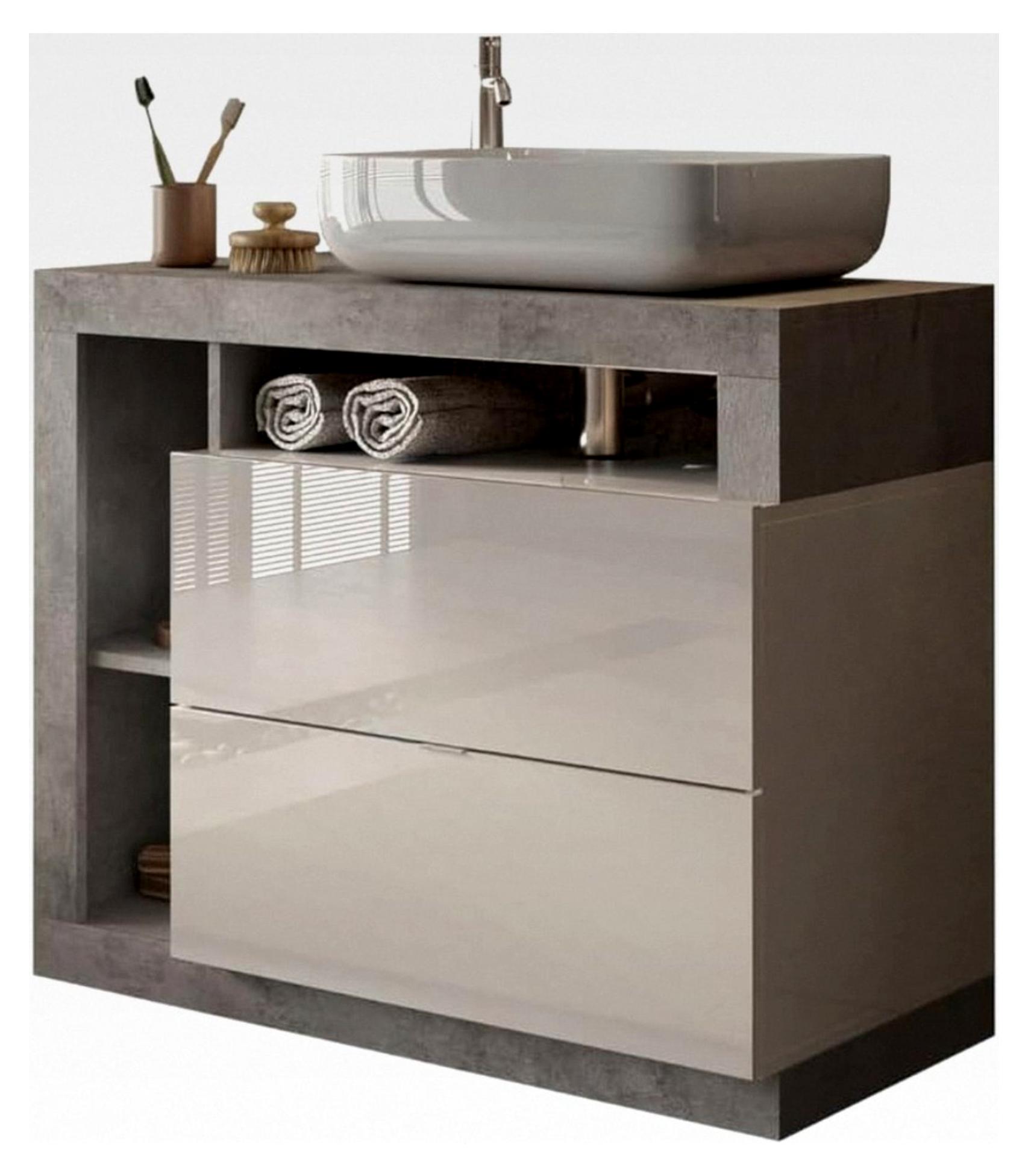 Waschtisch Hamburg, Modern, Badezimmer, 92x92x49 cm, Weiß Hochglanz/Betonoptik, Holzwerkstoff mit Keramik-Waschbecken, Bodenstehend