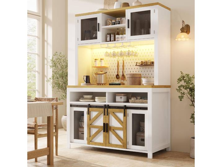 STILVORA Küchenschränke Weiß, Hochschrank mit USB-Anschluss, multifunktionaler Stauraum mit Arbeitsfläche, Sideboards mit LED-Beleuchtung,