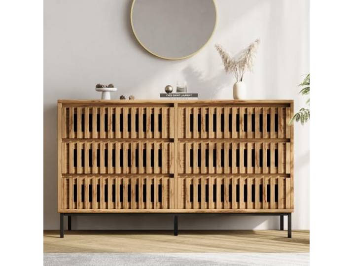 DUlVBPE Modernes Sideboard,Kommode mit 6 Schublanden,Aufbewahrungsschrank, Schmal kommode, Buffet mit 5 Stützbeine, Schrank für Wohnzimmer,Schlafzimmer,Flur,Restaurant, Küche,Holzfarbe,120x40x81cm