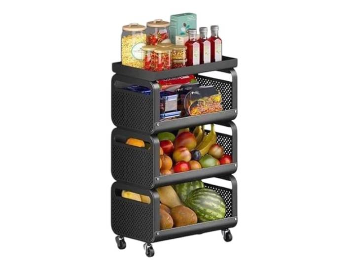 Rv2sGf3kH Küchenwagen Beweglicher 3-stufiger Küchen-Aufbewahrungswagen, Obst- und Gemüsekorb, Organizer-Regal(Schwarz)