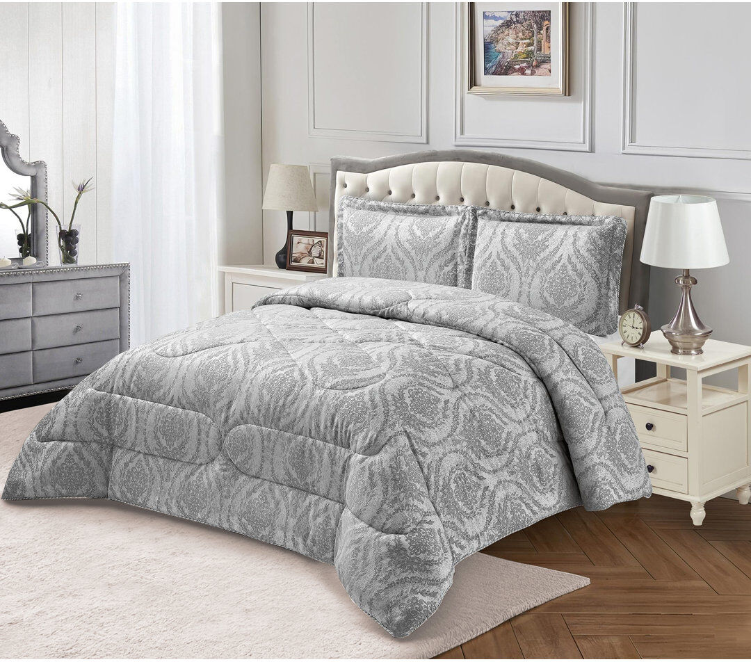 icon bedding 3 Piece Bridal Jacquard Bedspread Comforter Bed Throw with Matching Pillow Shams Silver Floral King Bedspread + 2 Standard Shams