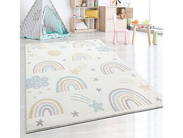 the carpet Beat Kids Moderner Weicher Kinderteppich, Weicher Flor, Pflegeleicht, Farbecht, Regenbogen Muster, Creme-Mix, 140 x 200 cm