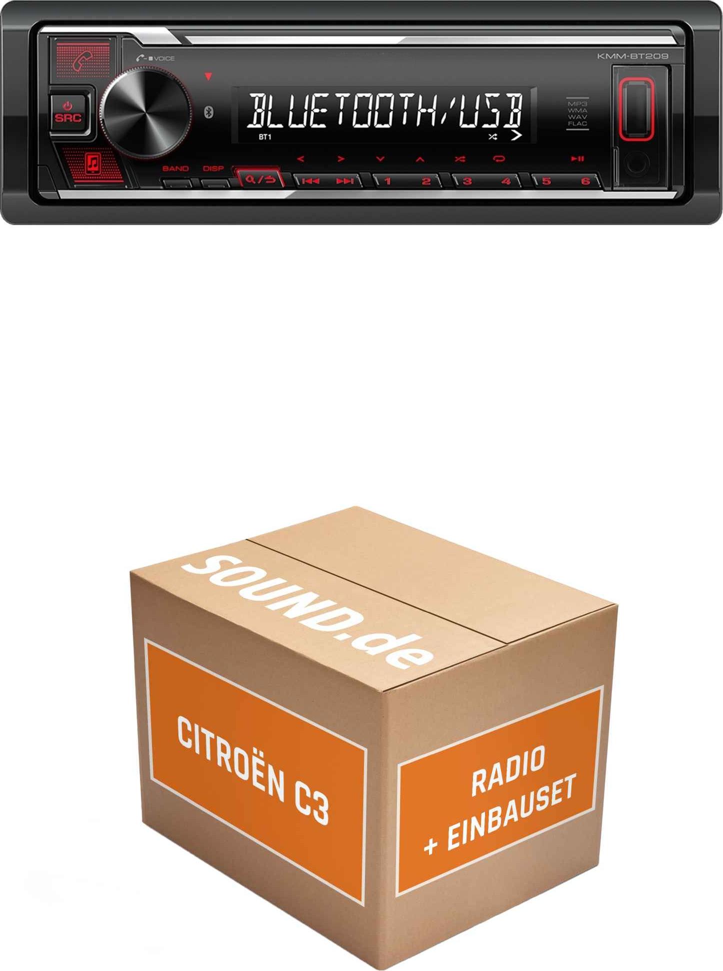 Autoradio Einbaupaket Kenwood KMM-BT209 passend für Citroën C3 1 + PDC Lenkradfernbedienung | Bluetooth USB Telefonieren