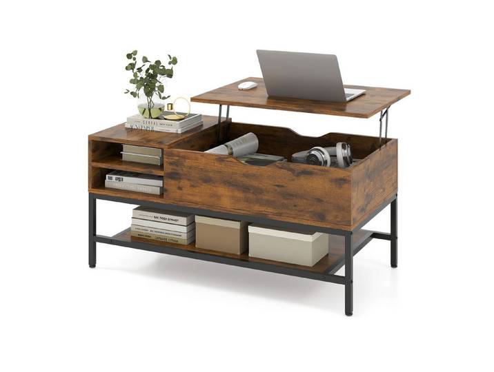 COSTWAY Couchtisch, höhenverstellbar Wohnzimmertisch mit Fachern, 100x49,5x47,5cm