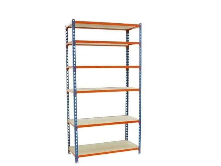 Simonrack Schwerlastregal, Lagerregal, 250x120x40 cm, Metallregal, Kellerregal, Biegestelle 200 kg, 6 Holzfachböden, Blau/Orange/Holz - Maderclick