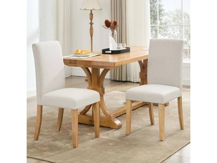 JustSmart 2er-Set Esszimmerstühle, modern gepolstert mit Leinenbezug, ergonomische Form & stabile Holzbeine – Off-Weiß